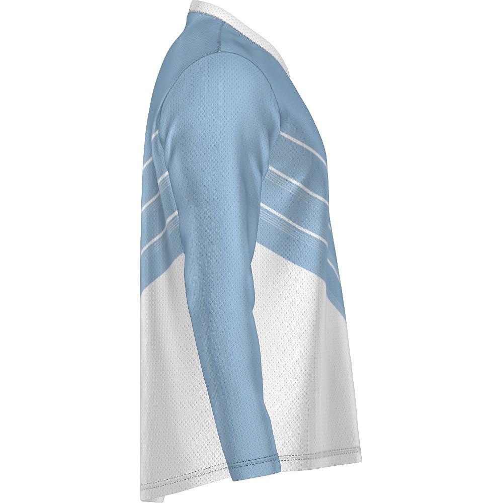 Blue and white long-sleeve shirt with chevron design on a white background