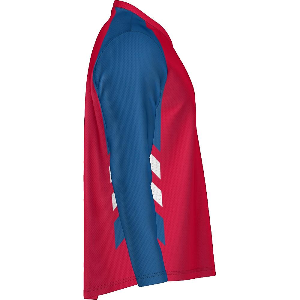 Red long-sleeve shirt with blue and white accents on a white background