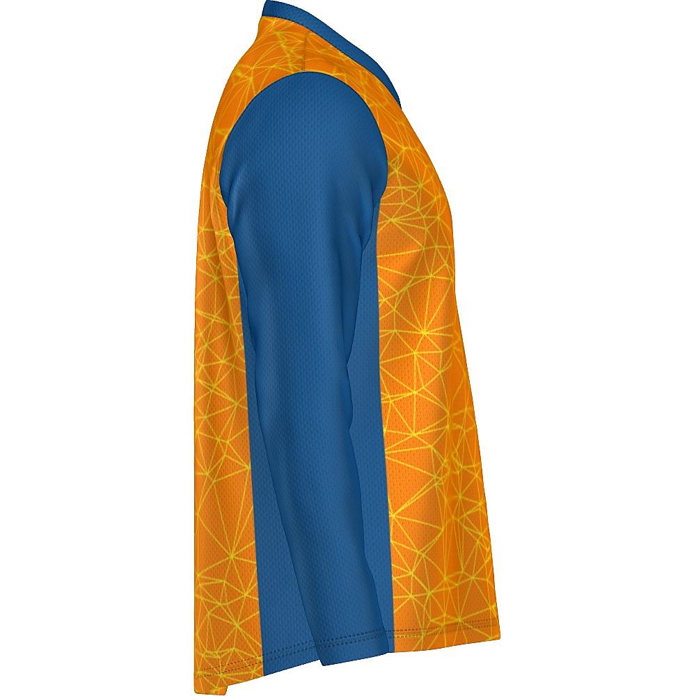 Orange long-sleeve shirt with yellow geometric design and blue accents on a white background