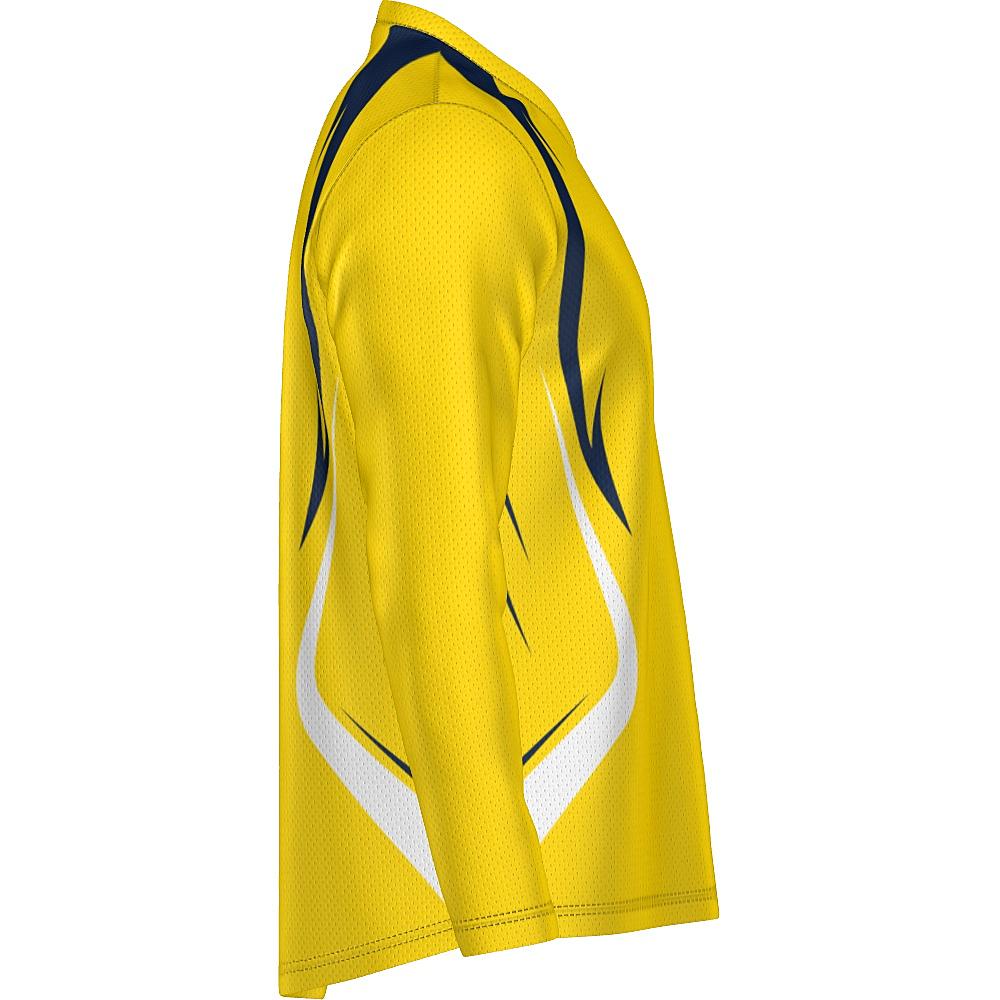 Yellow long-sleeve shirt with navy and white accents on a white background