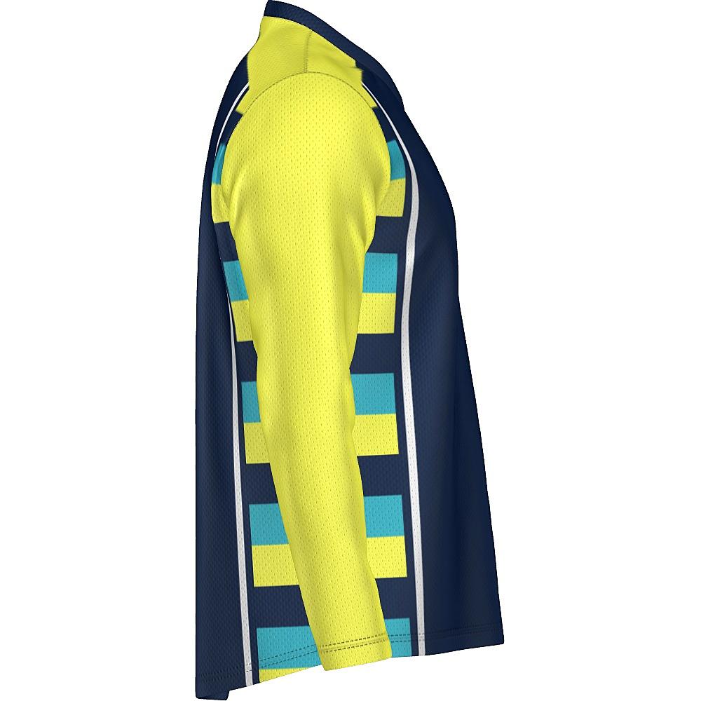 Navy long-sleeve shirt with yellow sleeves and striped side panels on a white background