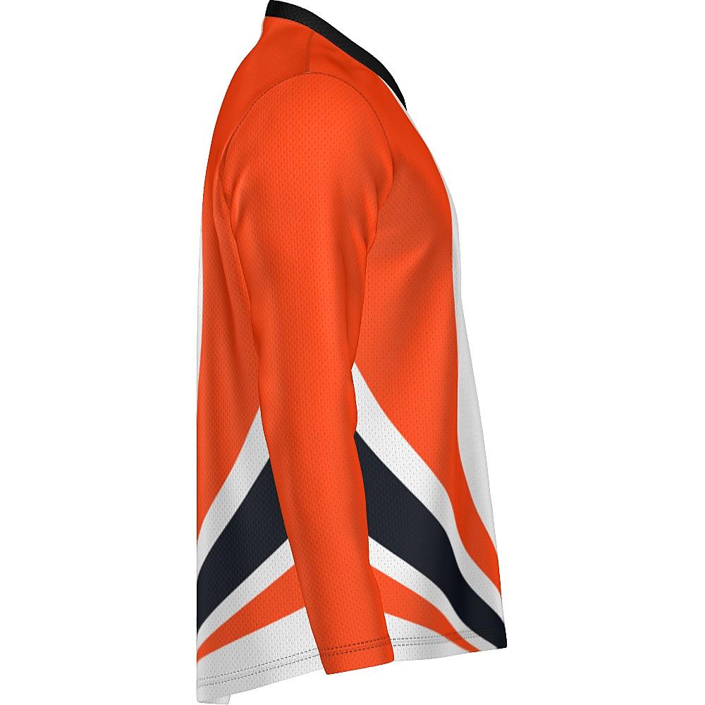 White long-sleeve shirt with black and orange curved stripes on a white background