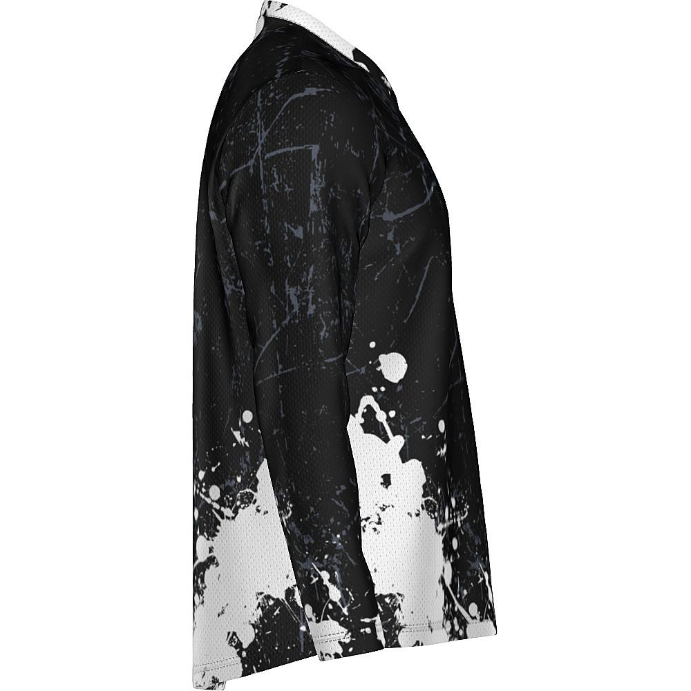 Black long-sleeve shirt with white and grey distressed design on a white background