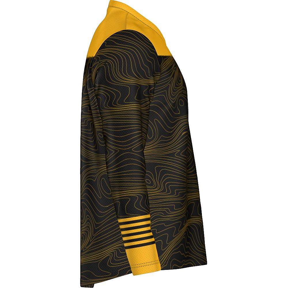 Black long-sleeve shirt with yellow accents and topographic design on a white background