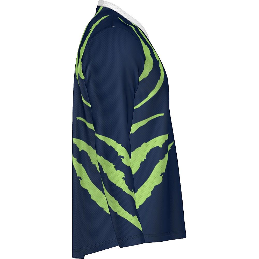 Blue long-sleeve shirt with green accents on a white background