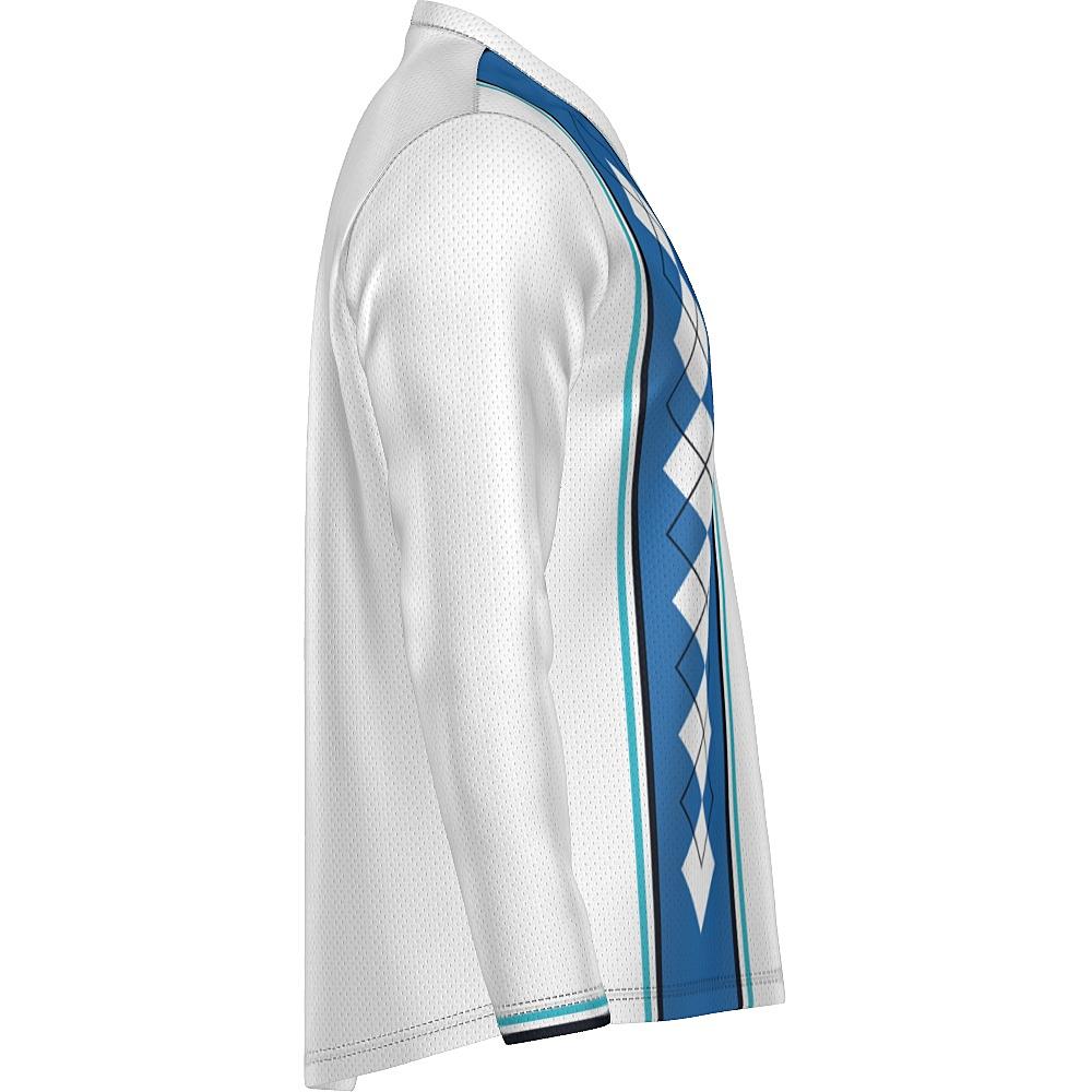 White long-sleeve shirt with blue argyle design on a white background
