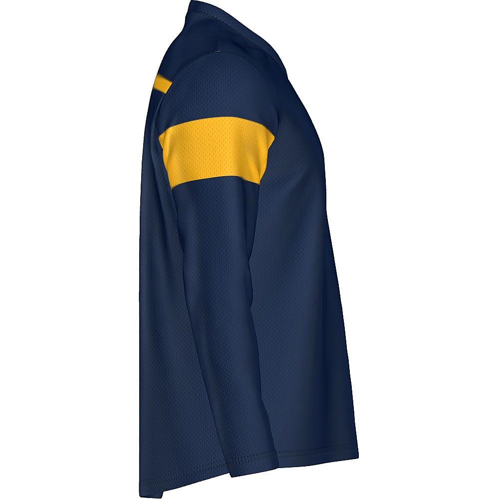 Navy long-sleeve shirt with yellow stripes on a white background