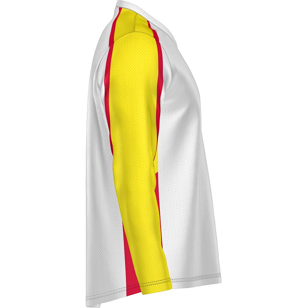 White long-sleeve shirt with yellow and red accents on a white background