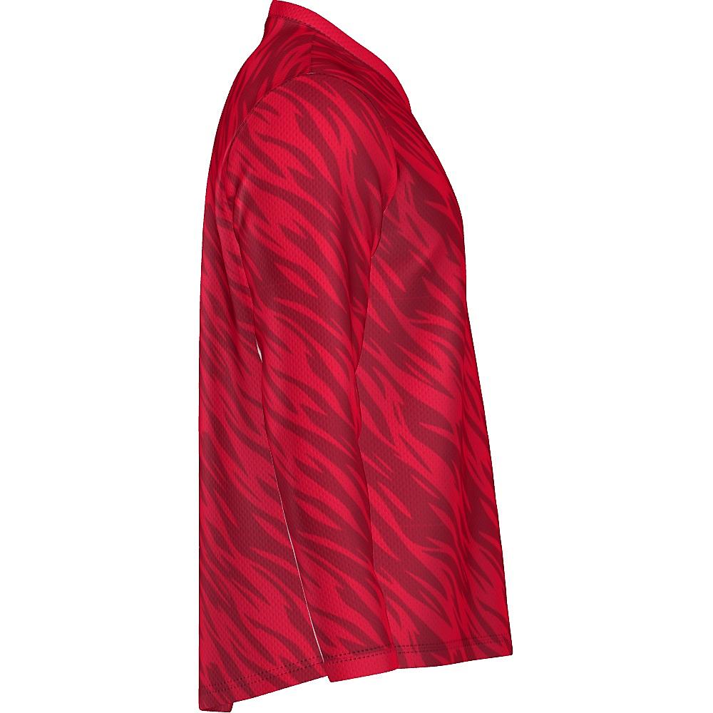 Red long-sleeve shirt with wavy design and white accents on a white background