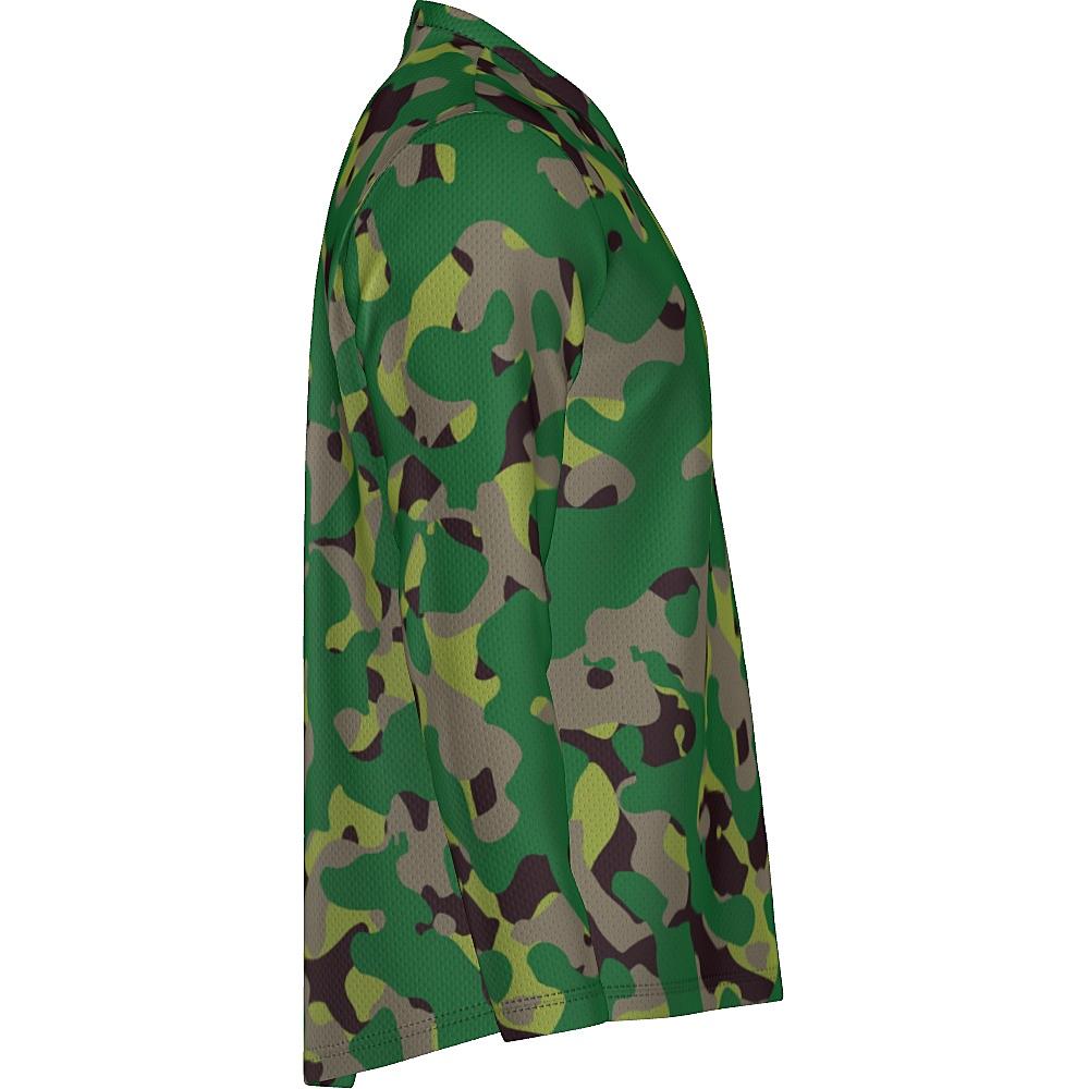 Long-sleeve shirt with green camouflage design on a white background