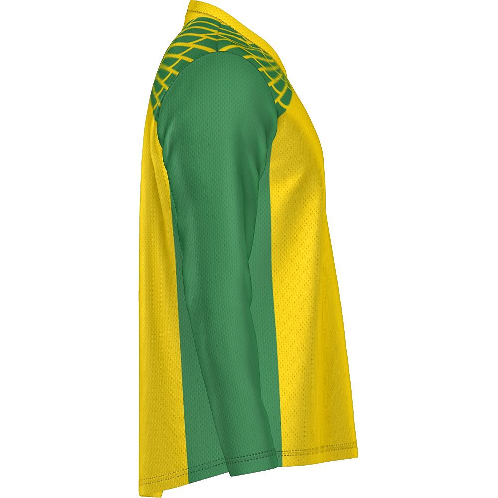 Yellow and green long-sleeve shirt with feather design on upper chest and back