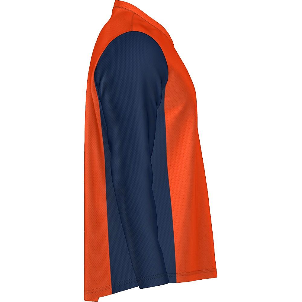 Orange long-sleeve shirt with navy sides and sleeves on a white background