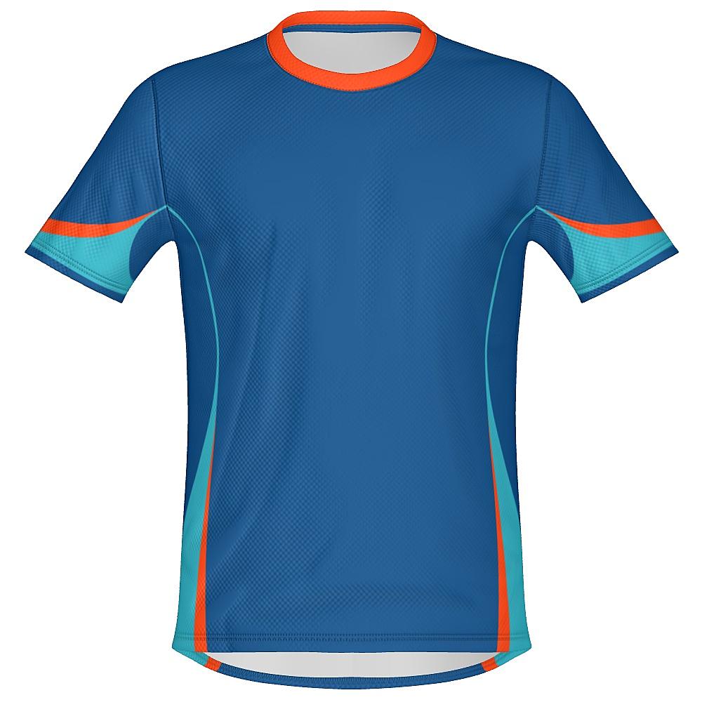 Blue shirt with teal and orange accents on a white background