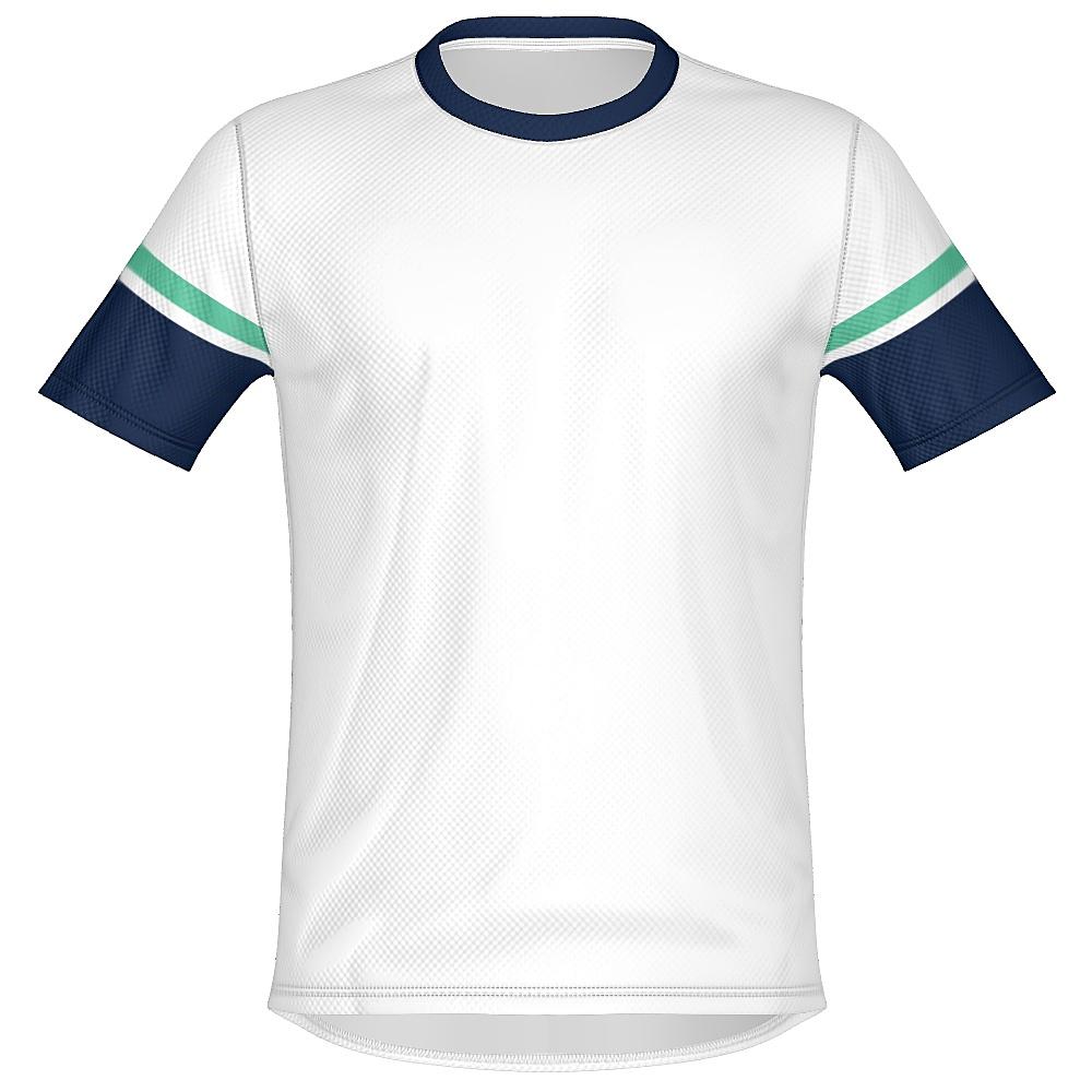 White shirt with navy and green accents on a white background