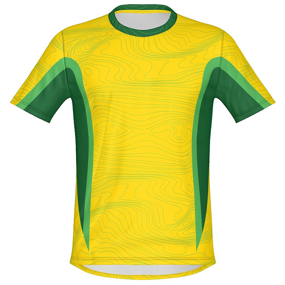 Yellow shirt with topography design and green accents on a white background