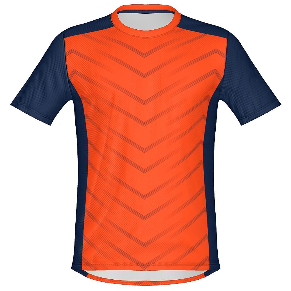 Orange shirt with navy accents and chevron design on a white background