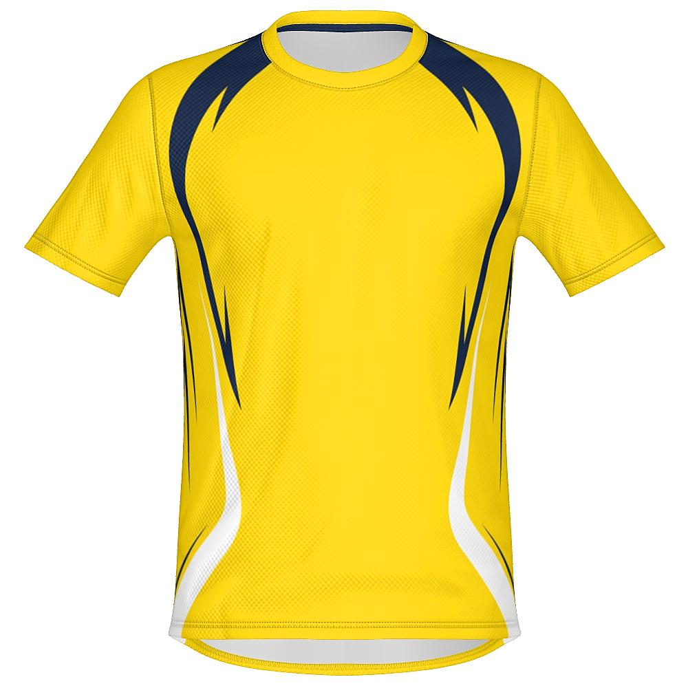 Yellow shirt with navy and white accents on a white background