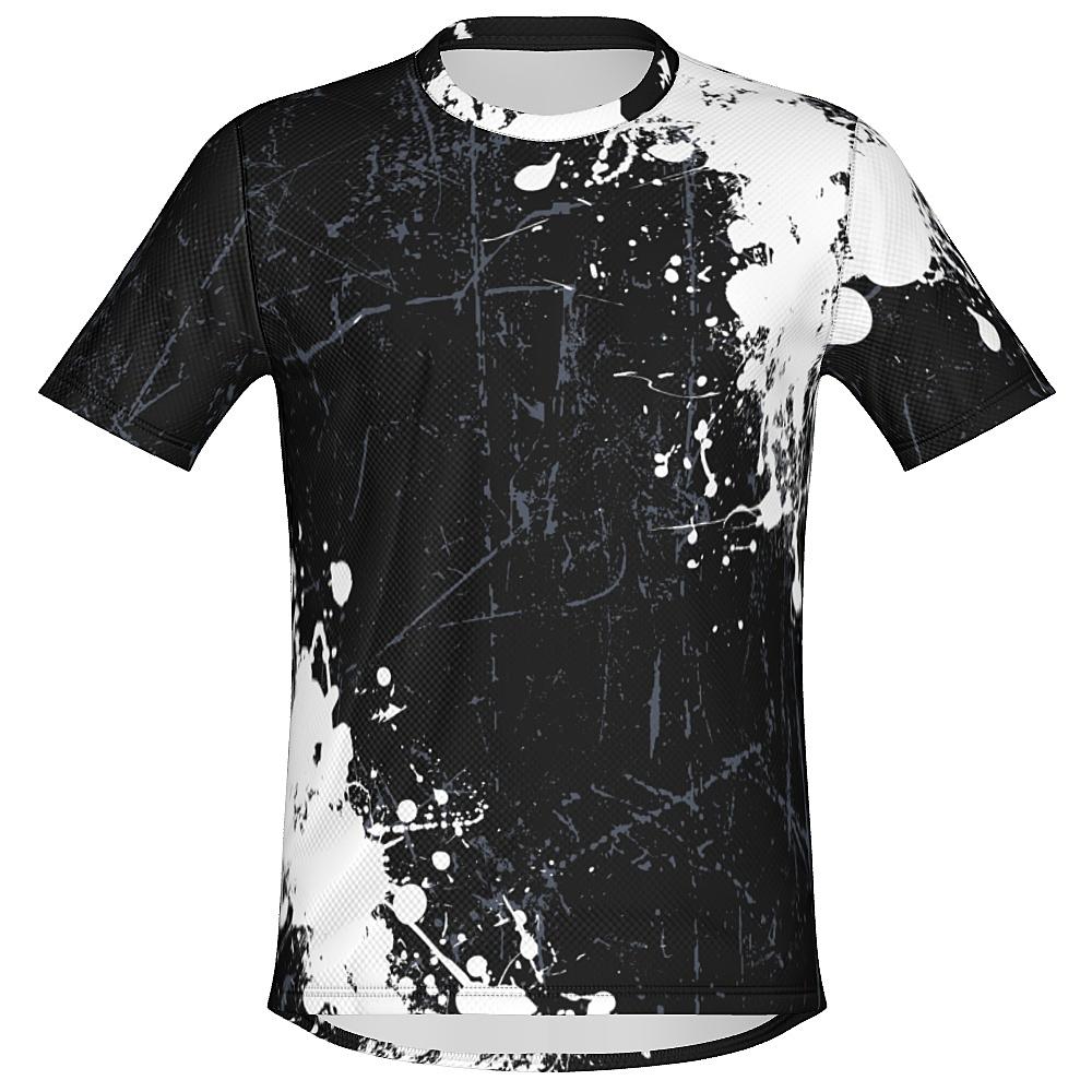 Black shirt with white and grey distressed design on a white background