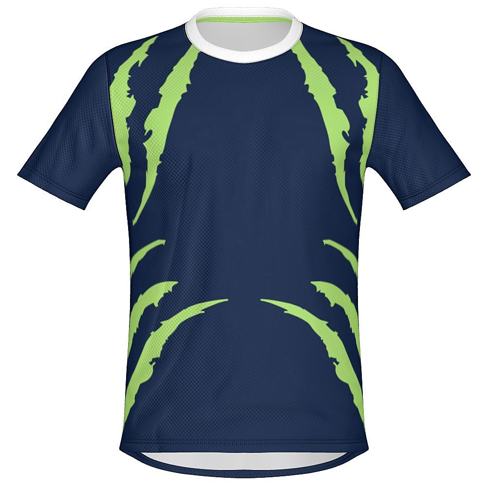 Blue shirt with green accents on a white background