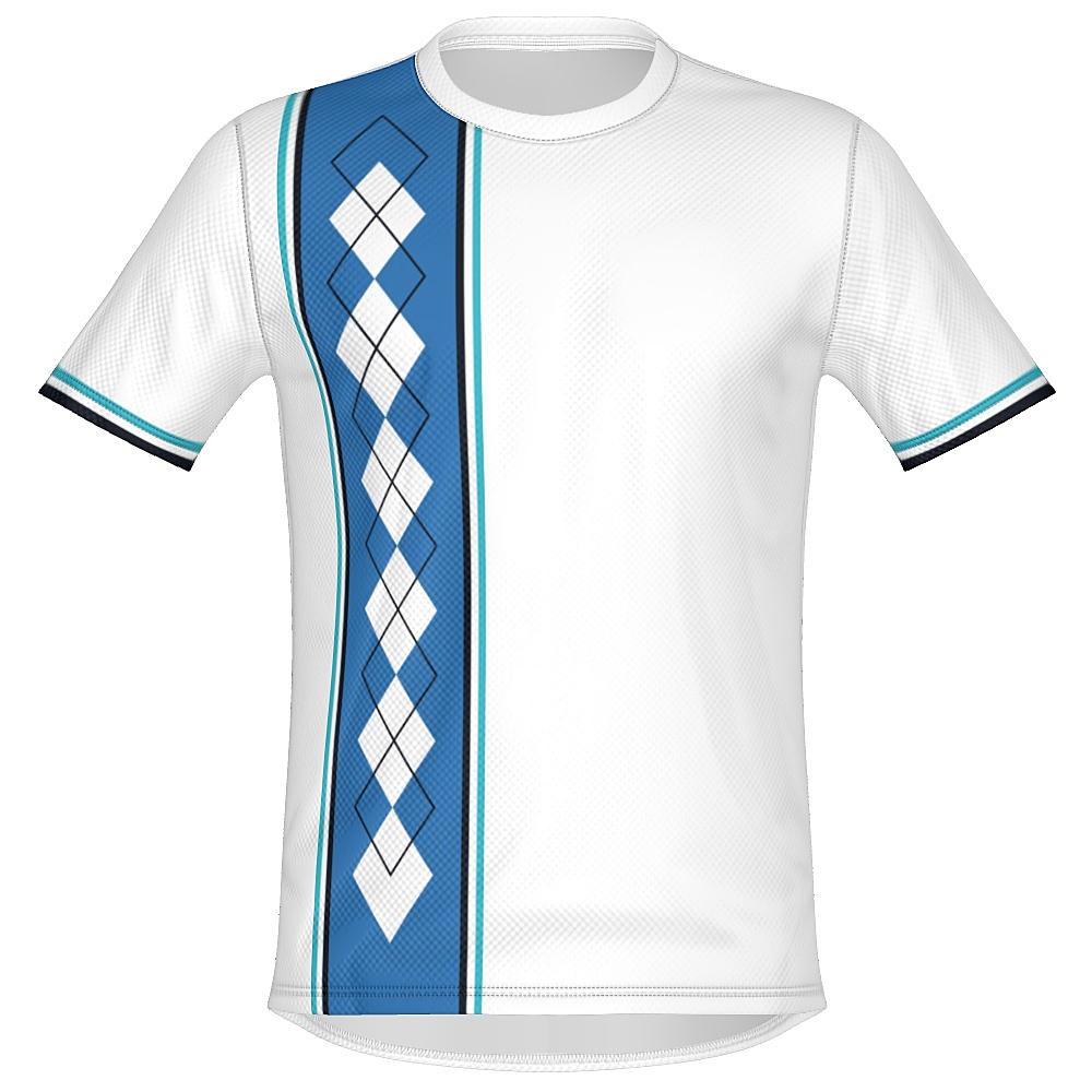 White shirt with blue argyle design on a white background