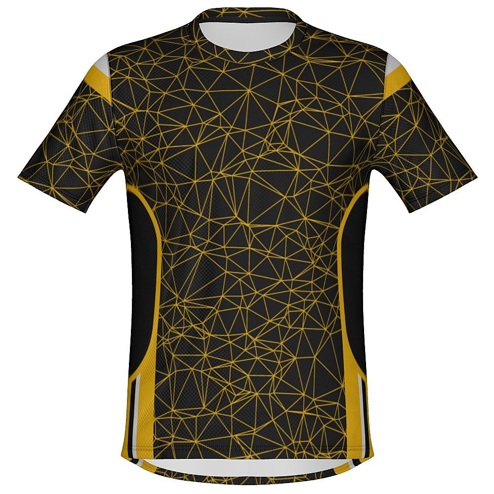 Black shirt with yellow geometric design on a white background