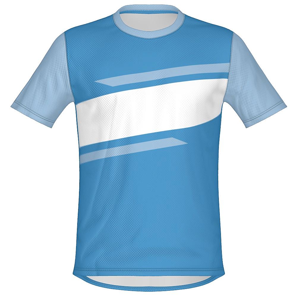 Blue shirt with contrasting sleeves and white horizontal stripe on a white background