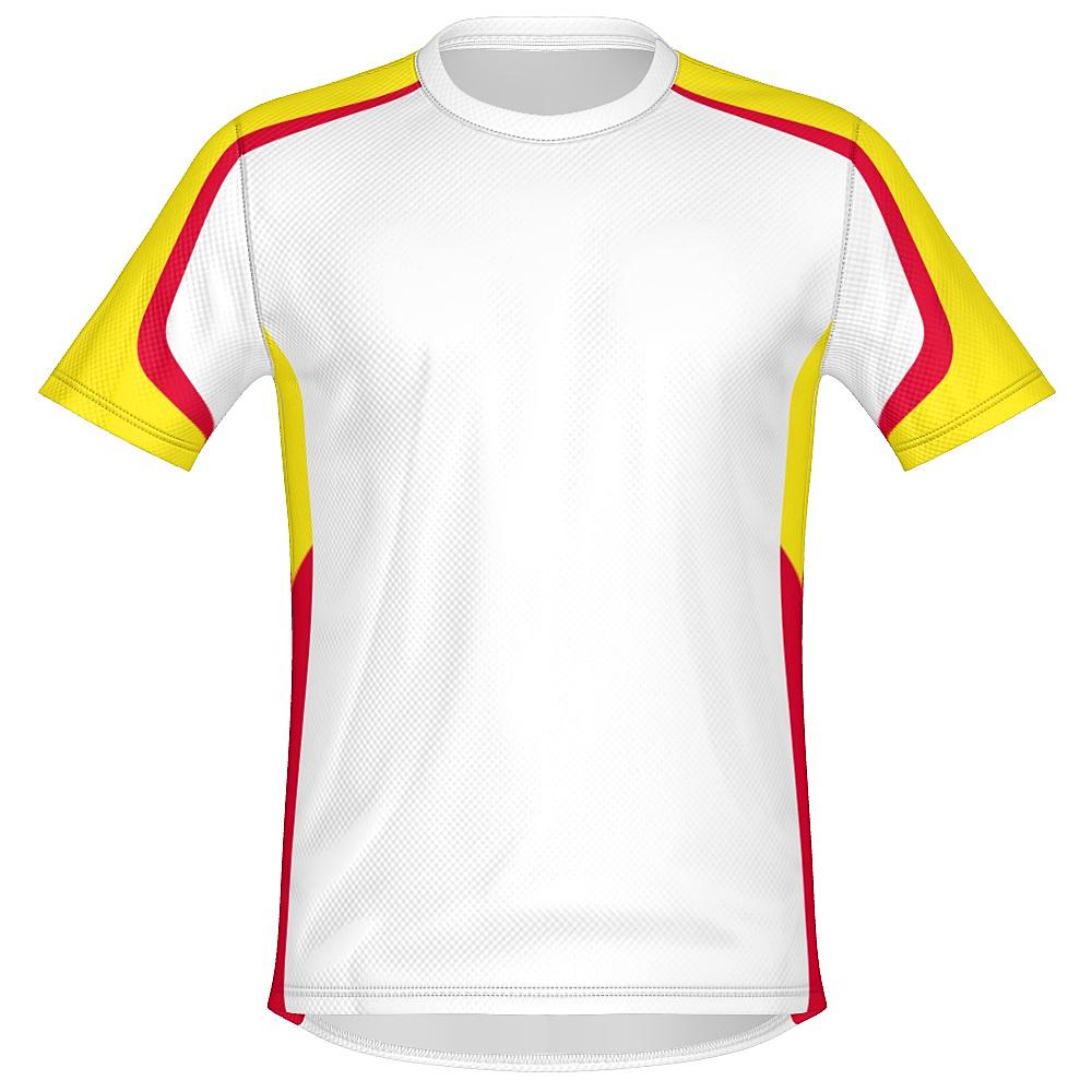 White shirt with yellow and red accents on a white background