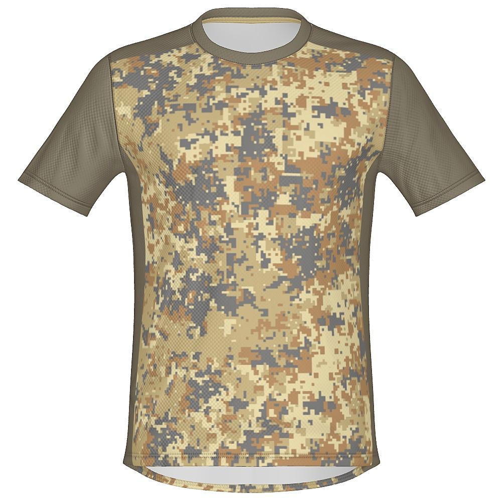 Earth-tone shirt with digital camo design on a white background