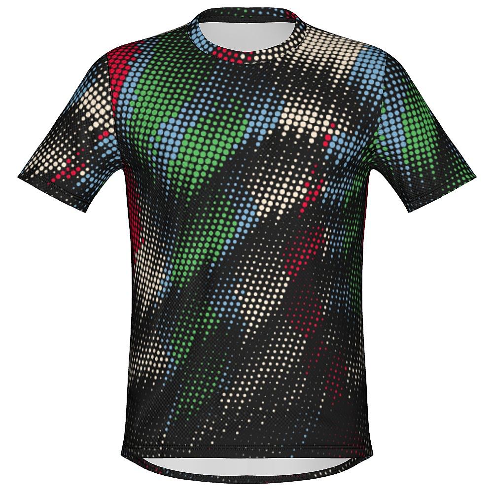 Black shirt with multicolored dot pattern on a white background