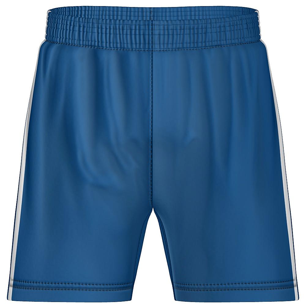 Blue shorts with white side stripe on a white background