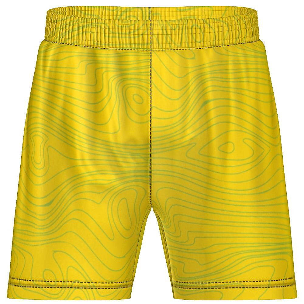 Yellow shorts with topographic design on a white background