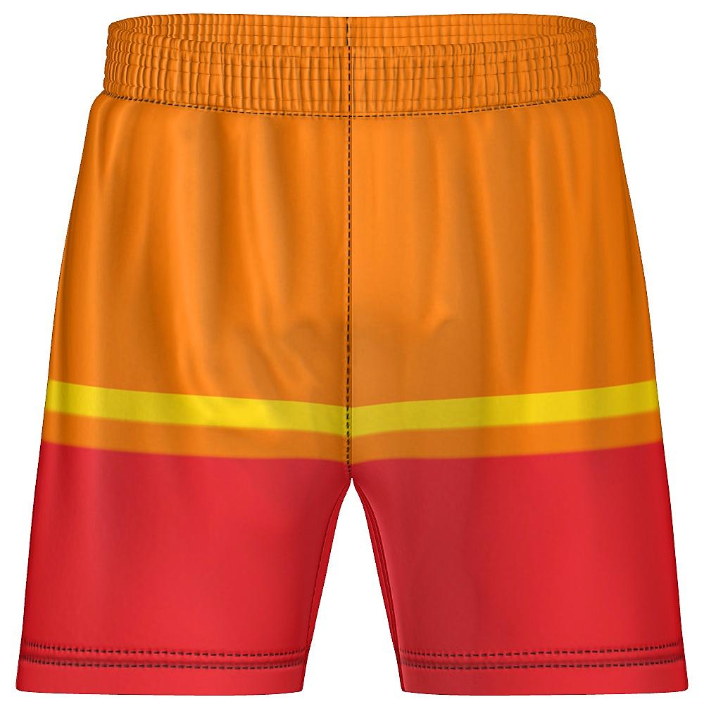 Orange, yellow and red striped shorts on a white background
