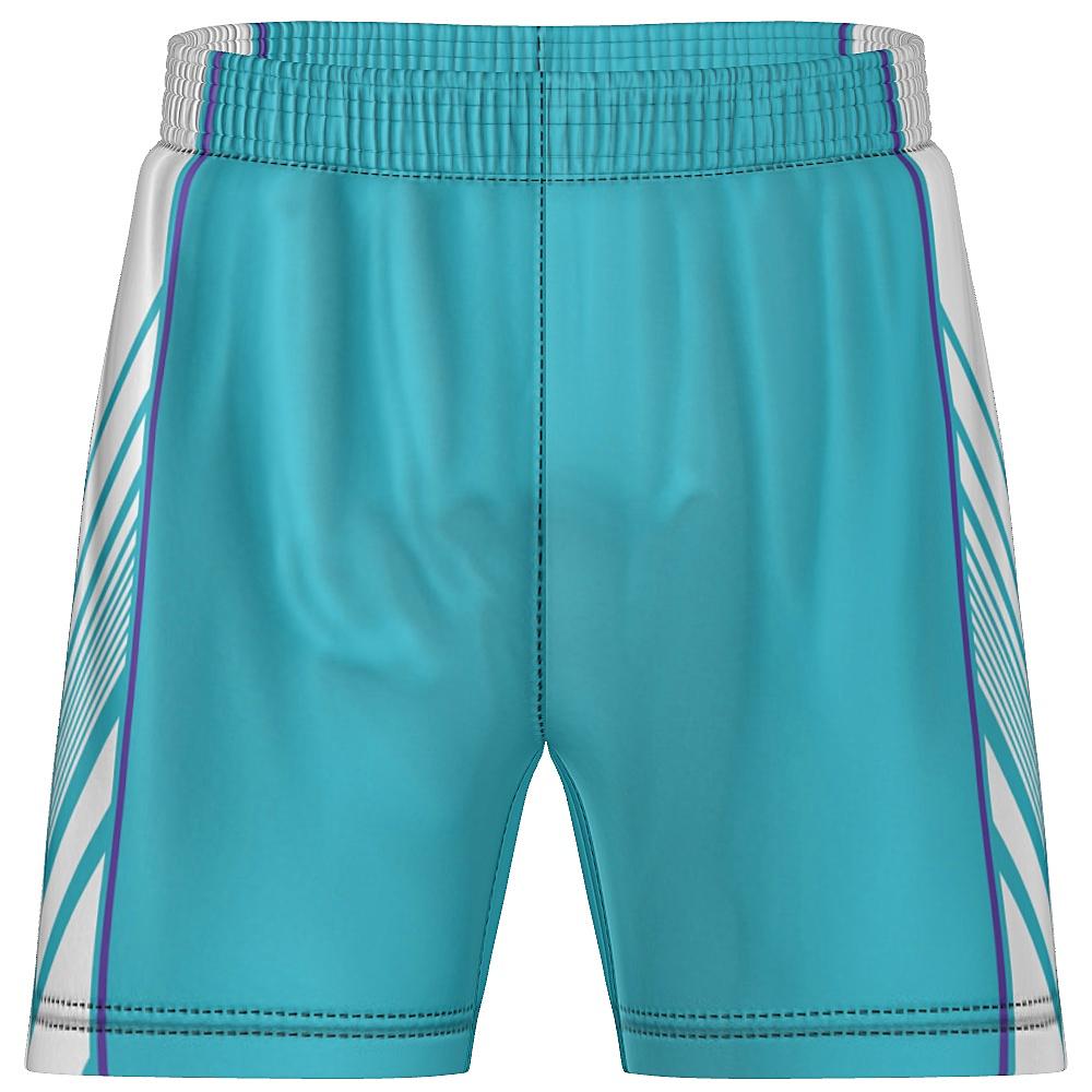 Teal shorts with white and purple side panels on a white background