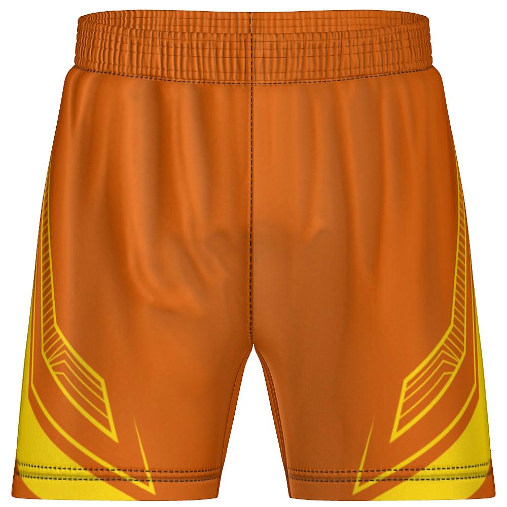 Orange shorts with yellow accents on a white background