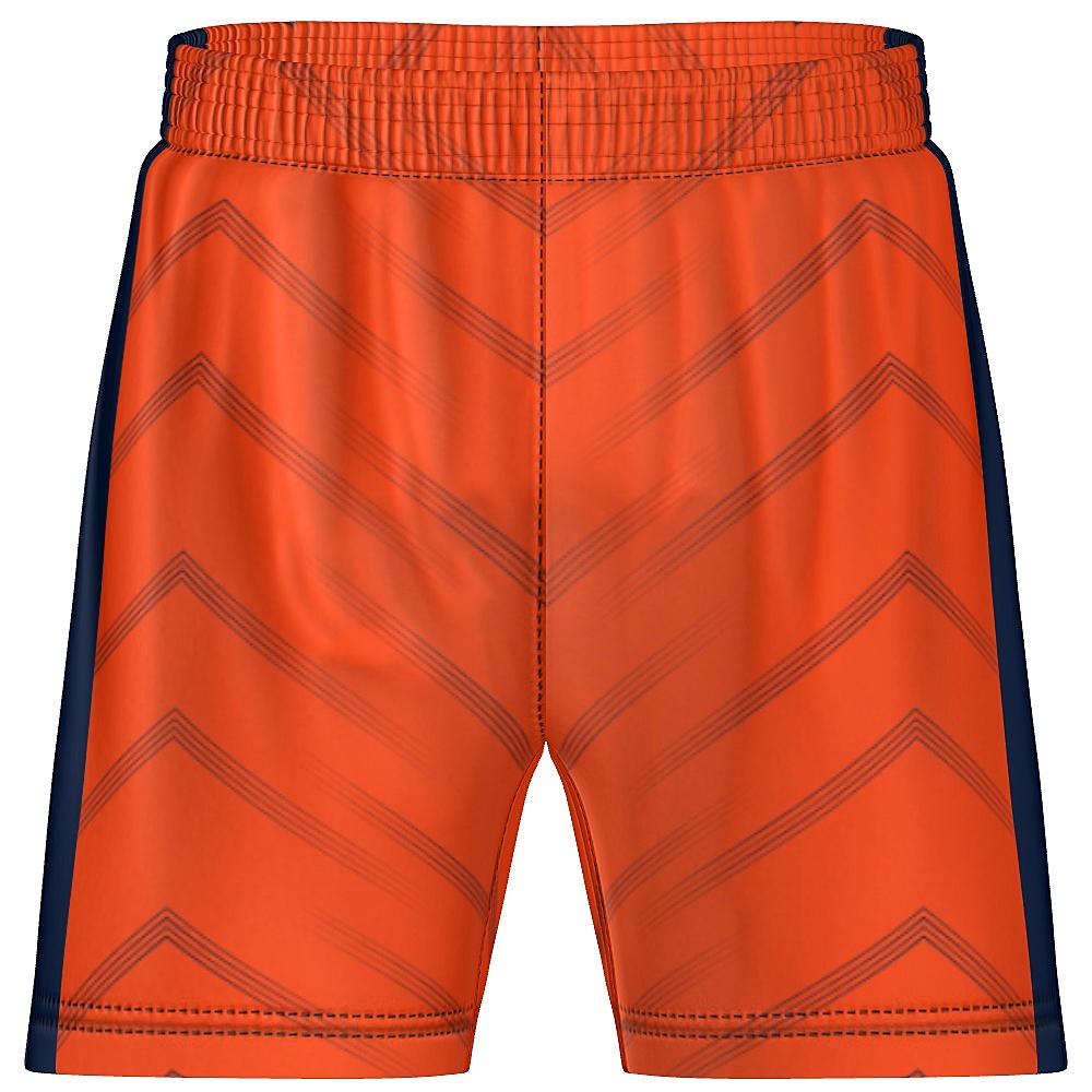 Orange shorts with navy accents and chevron design on a white background