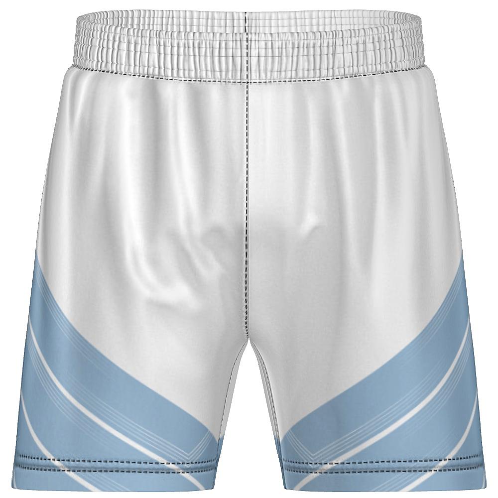 Blue and white shorts with chevron design on a white background