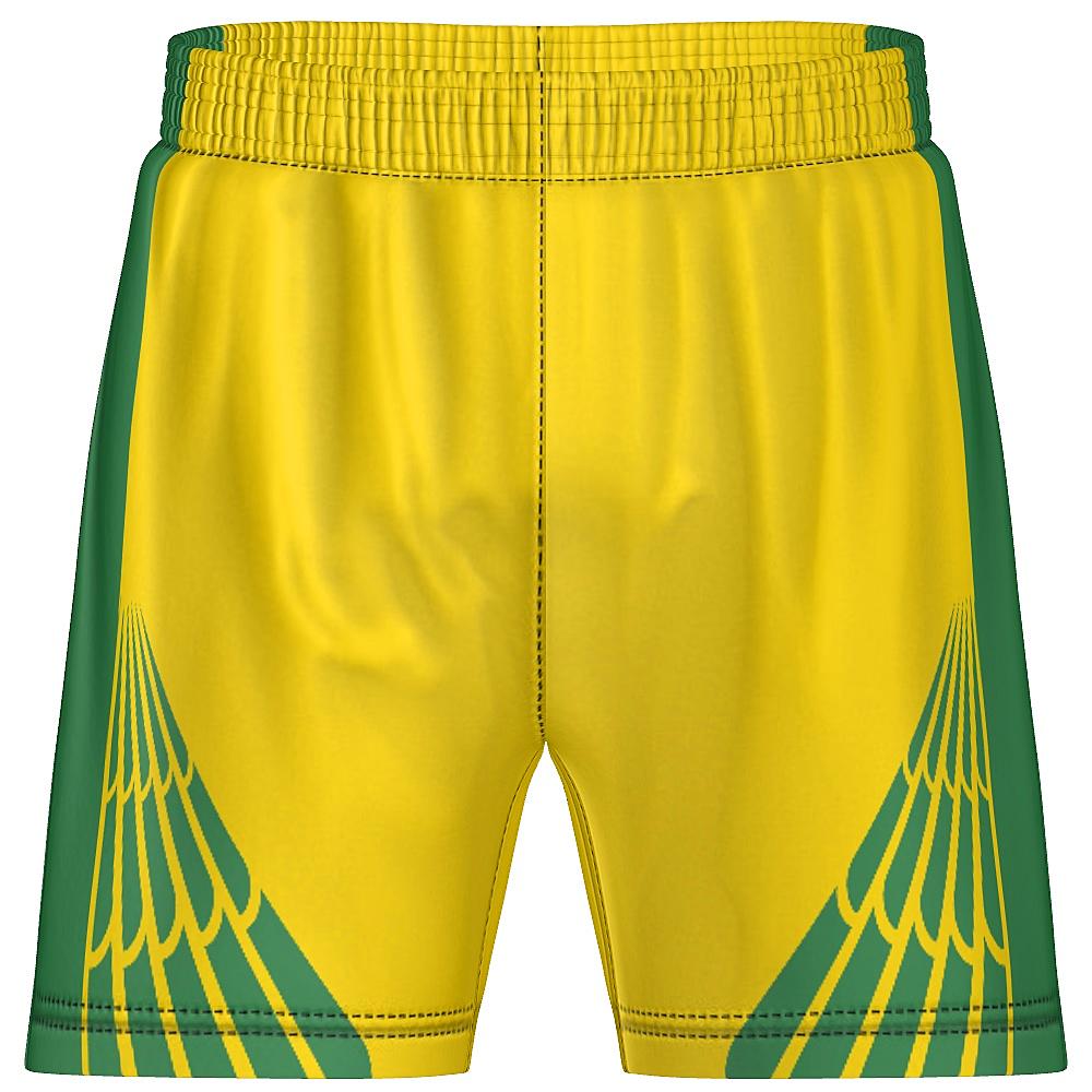Yellow and green shorts with feather design on lower legs