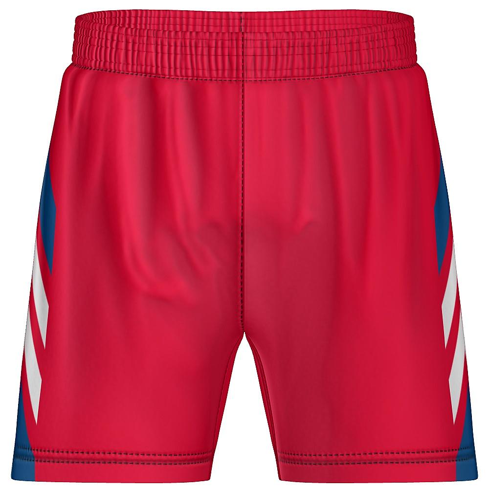 Red shorts with blue and white accents on a white background
