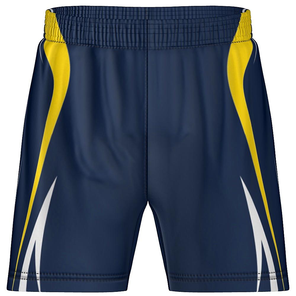 Navy shorts with white and yellow accents on a white background