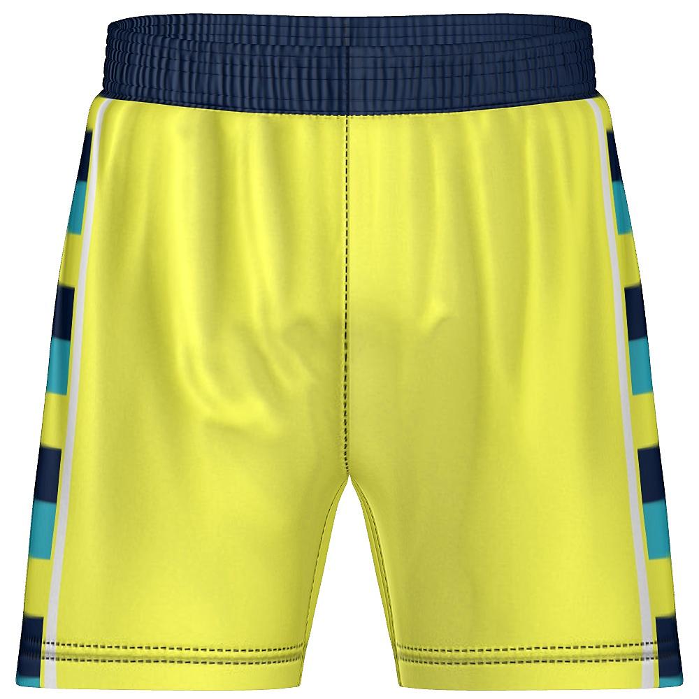 Yellow shorts with striped side panels on a white background