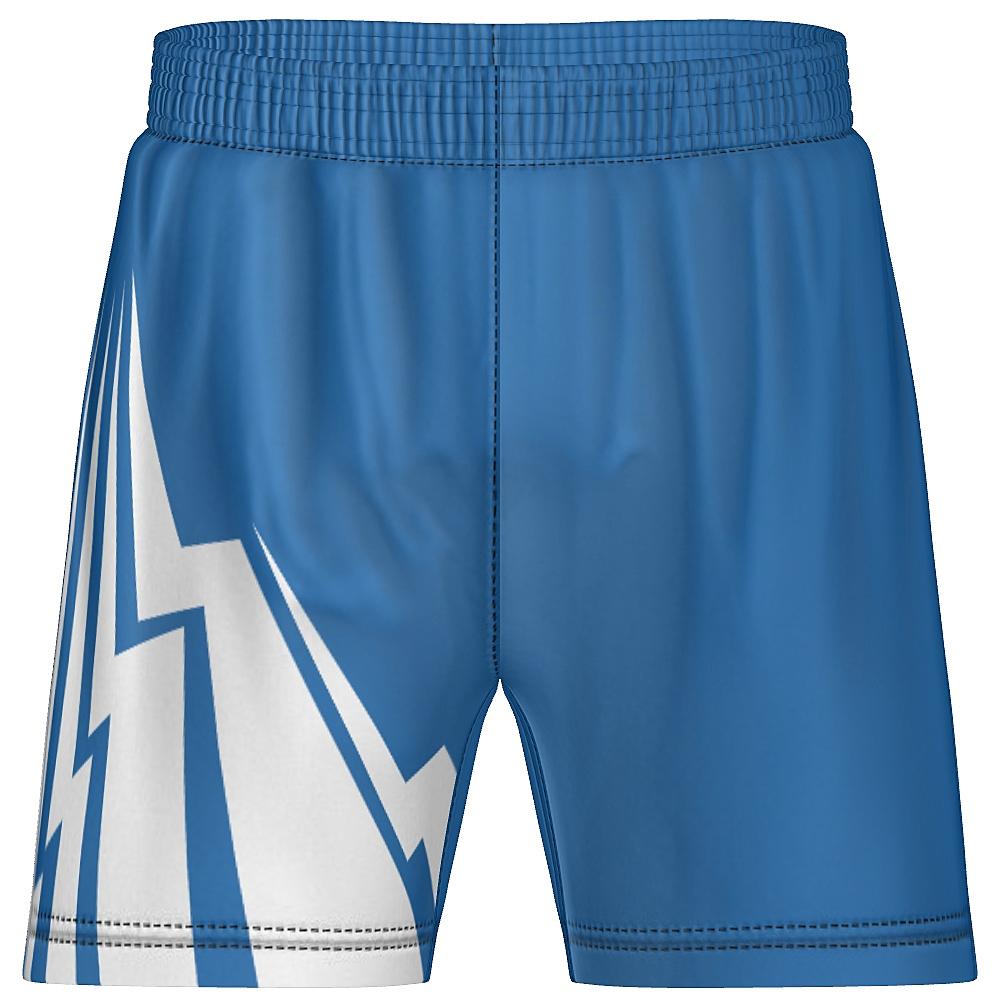 Blue shorts with white bolt-shaped accents on a white background