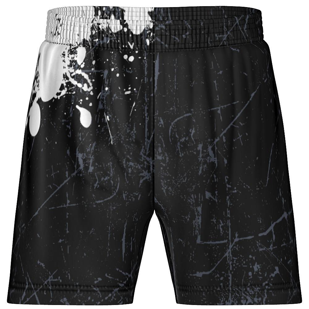 Black shorts with white and grey distressed design on a white background