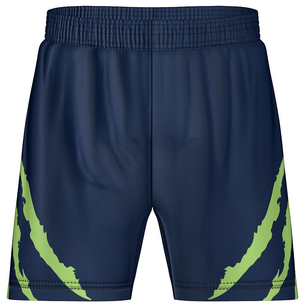 Navy shorts with green accents on a white background