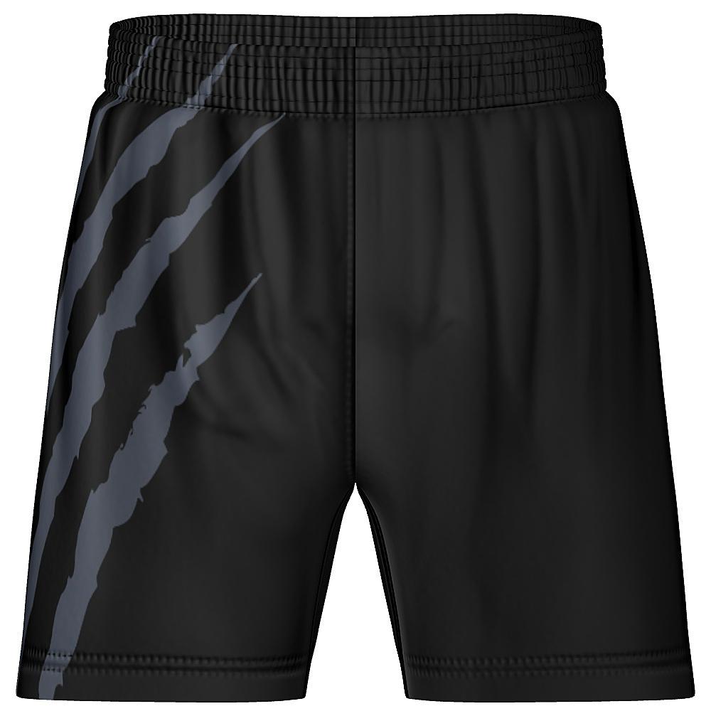 Black shorts with grey claw-mark design on a white background