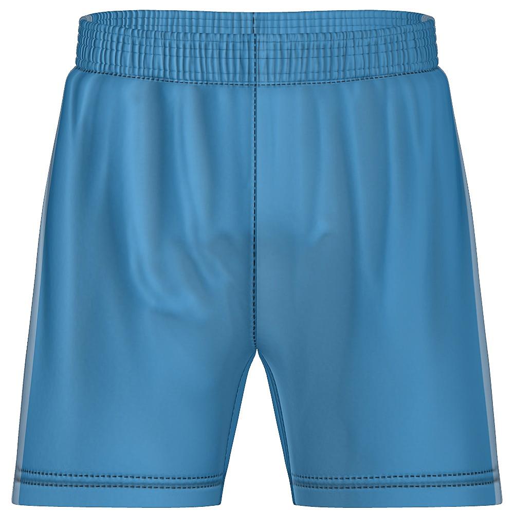 Blue shorts with contrasting blue side stripes on a white background
