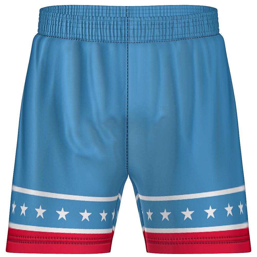 Blue shorts with white stars and red stripes on a white background