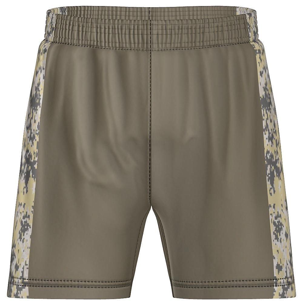 Earth-tone shorts with digital camo design on a white background