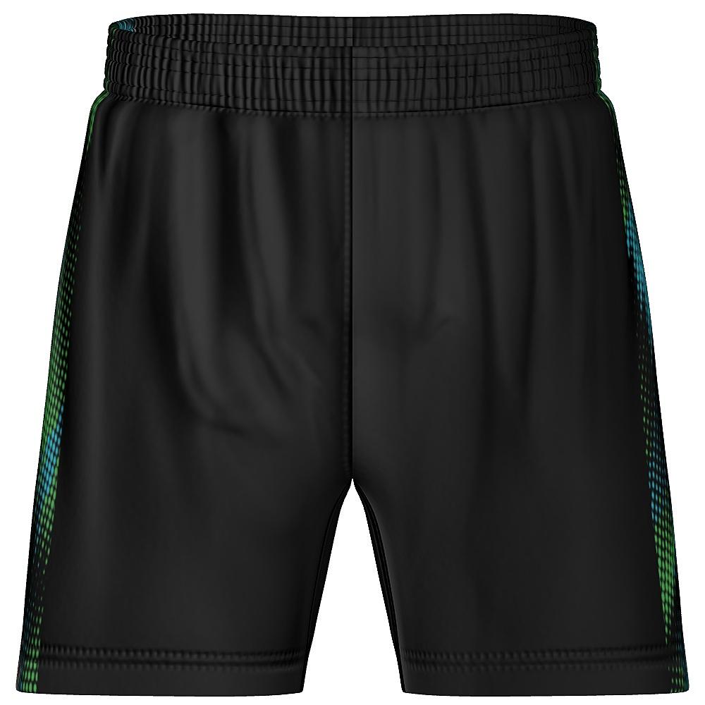 Black shorts with multicolored dot pattern on a white background