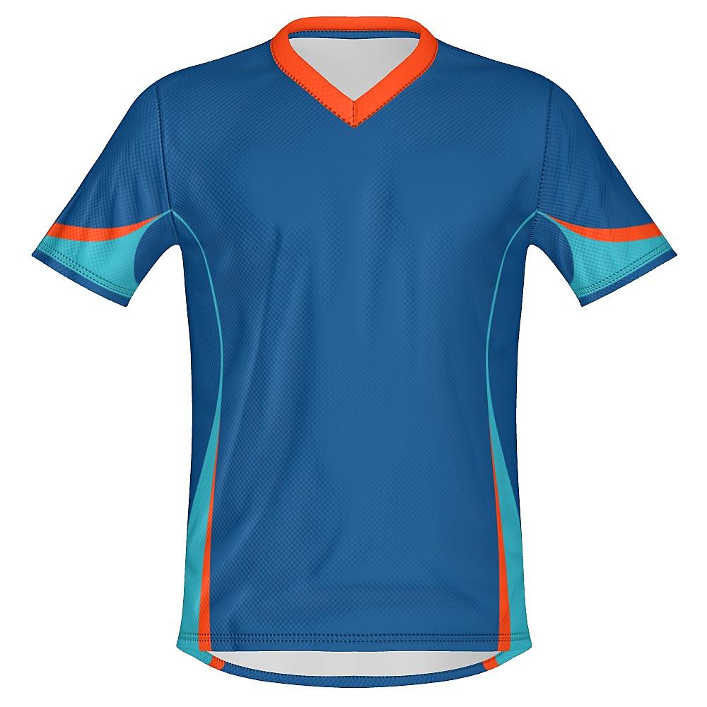 Blue shirt with teal and orange accents on a white background