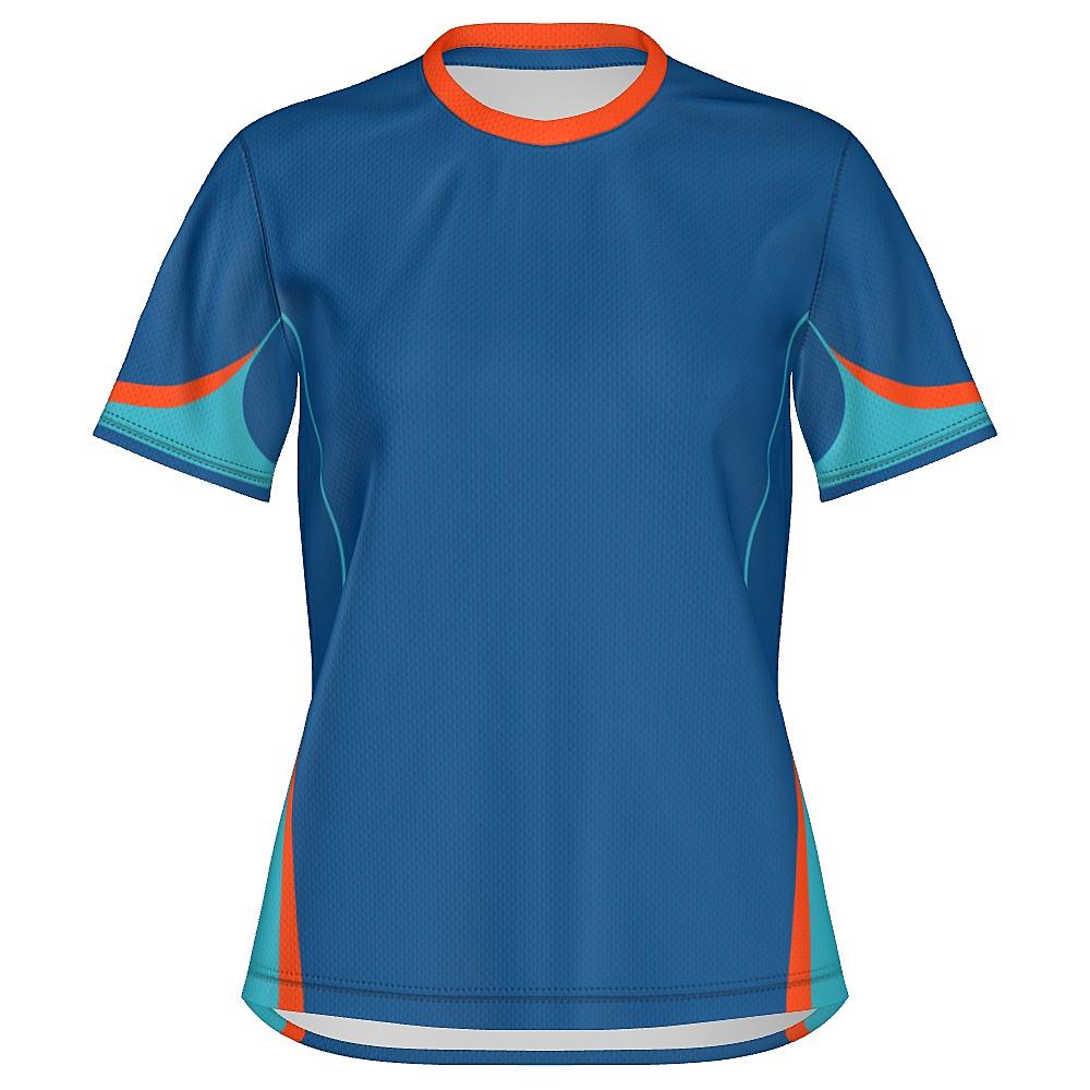 Blue shirt with teal and orange accents on a white background